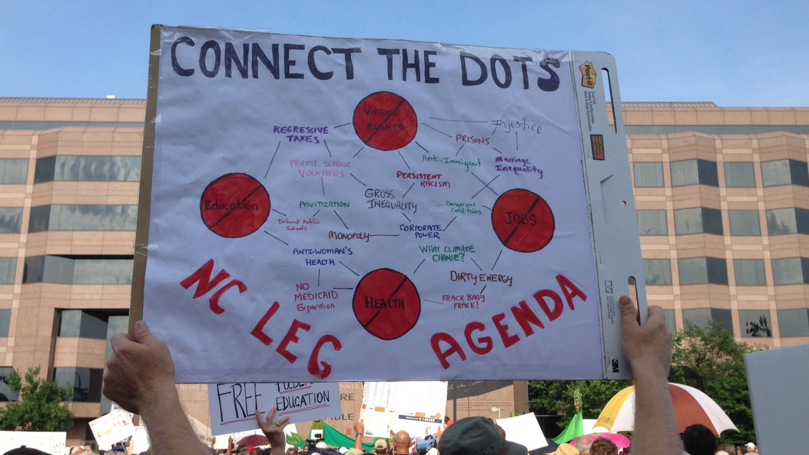 'Connect the dots - NC Leg Agenda' sign held high